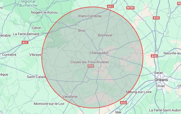 Zone d'intervention DHOME Automatisme - Rayon 30 km autour de Cloyes-sur-le-Loir, Châteaudun, Vendôme